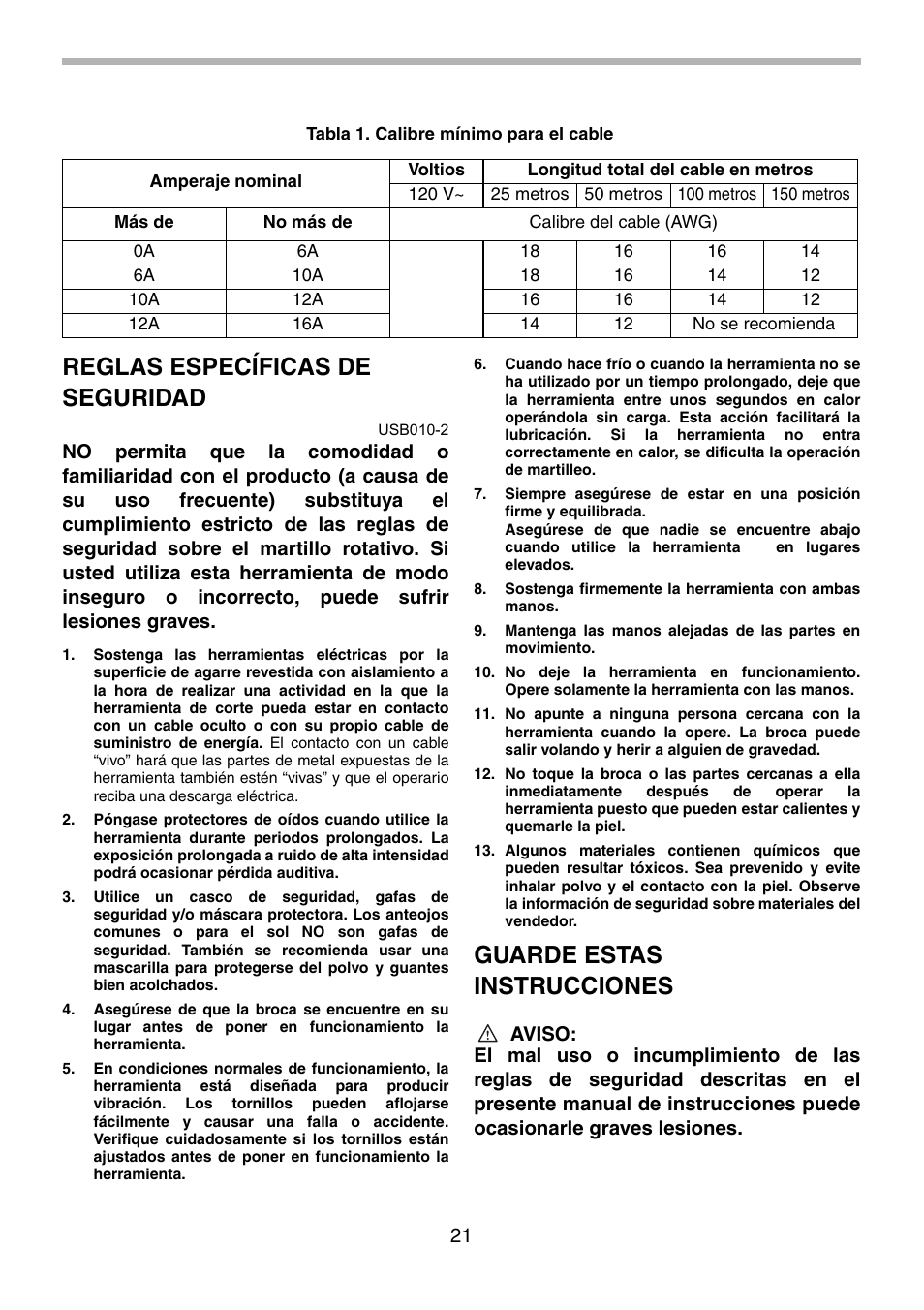 Reglas específicas de seguridad, Guarde estas instrucciones | Makita HR5001C User Manual | Page 21 / 28