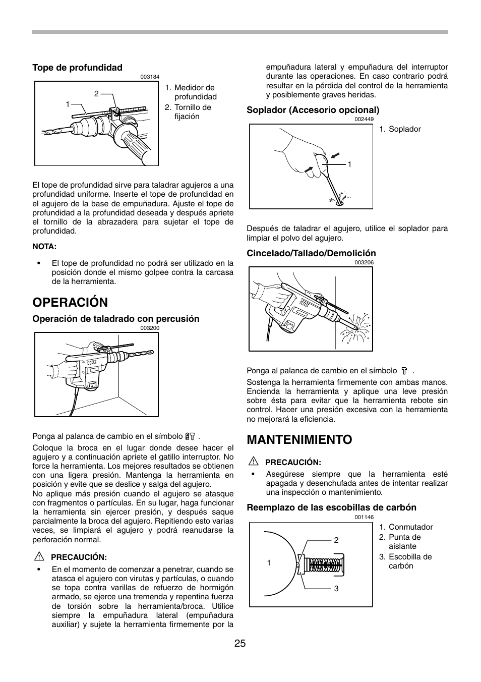 Operación, Mantenimiento | Makita HR5001C User Manual | Page 25 / 28