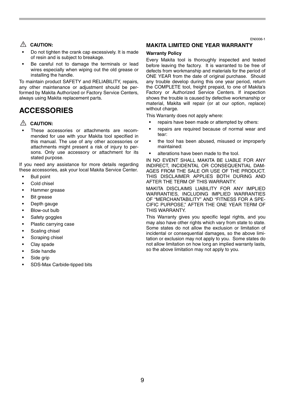 Accessories | Makita HR5001C User Manual | Page 9 / 28