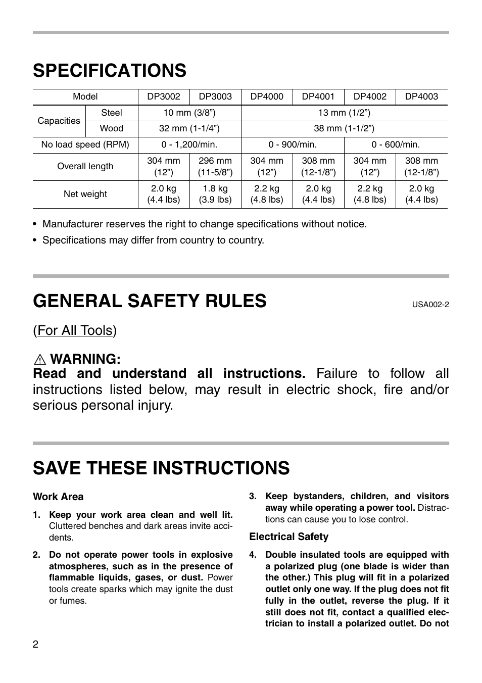 Specifications, General safety rules, Save these instructions | Makita DP4003 User Manual | Page 2 / 16