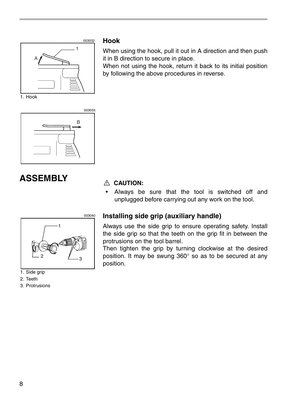 Assembly, Hook, Installing side grip (auxiliary handle) | Makita DP4003 User Manual | Page 8 / 16