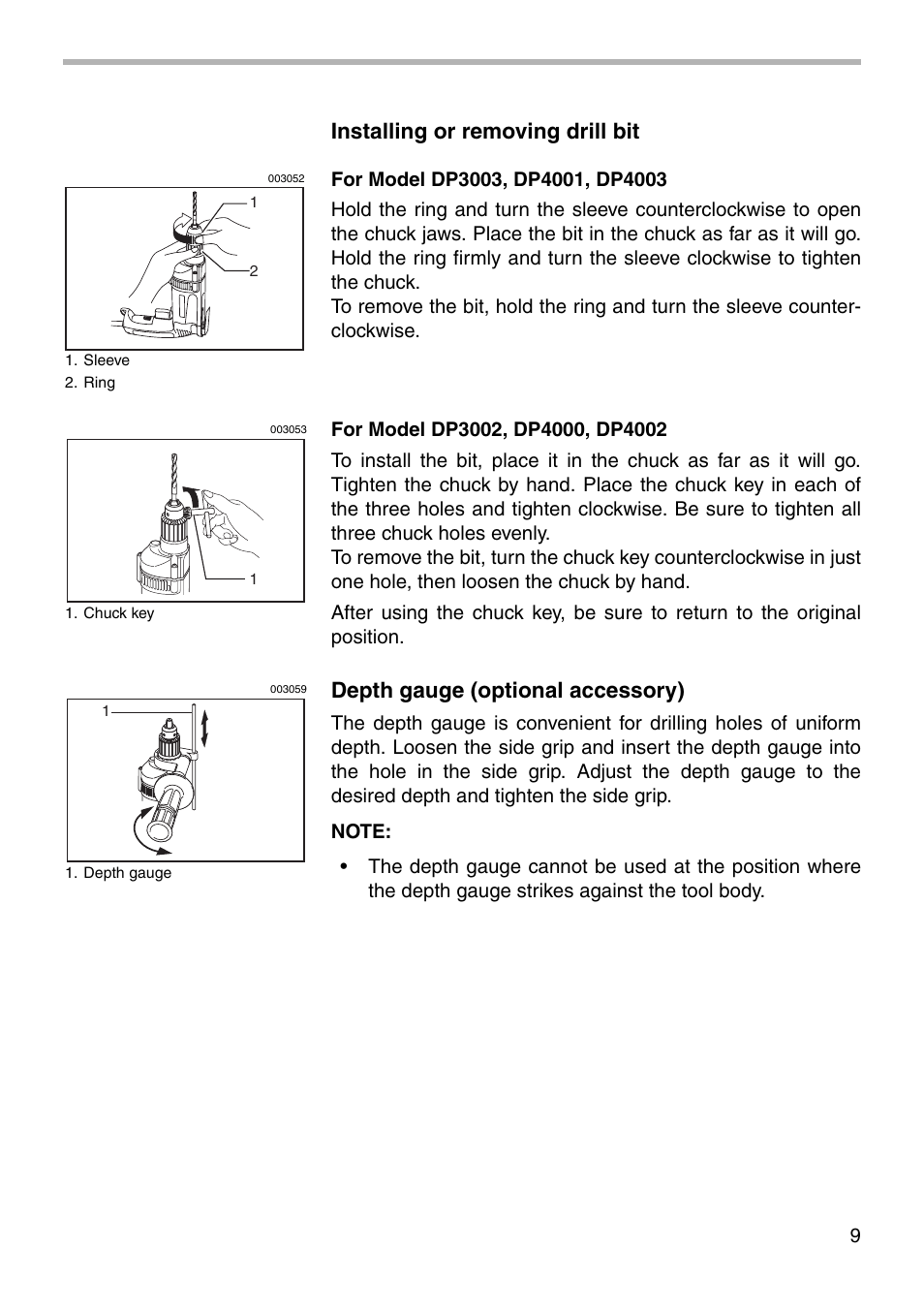 Installing or removing drill bit, Depth gauge (optional accessory) | Makita DP4003 User Manual | Page 9 / 16