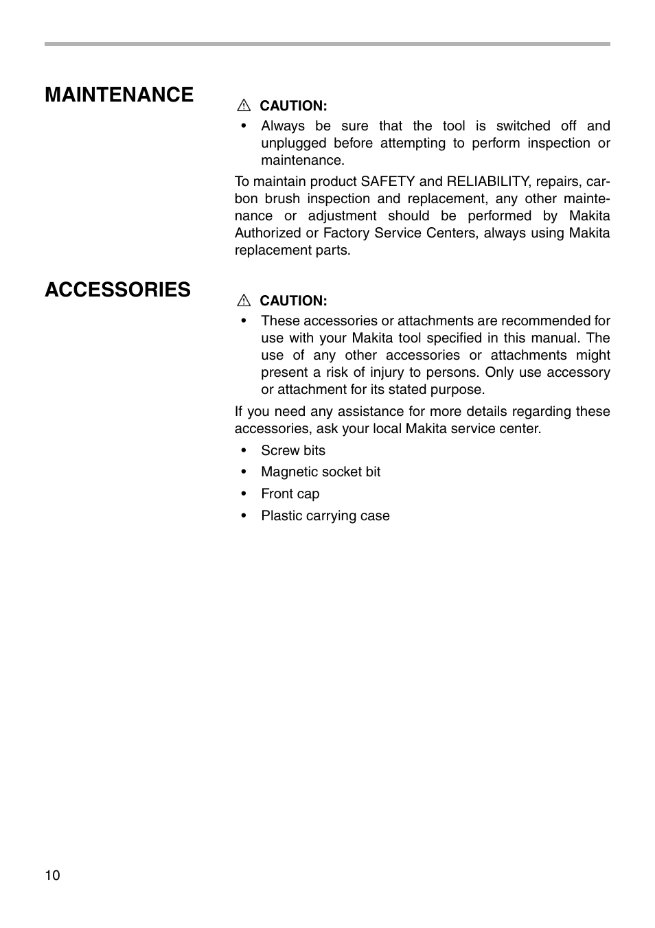 Maintenance, Accessories | Makita 6827 User Manual | Page 10 / 16