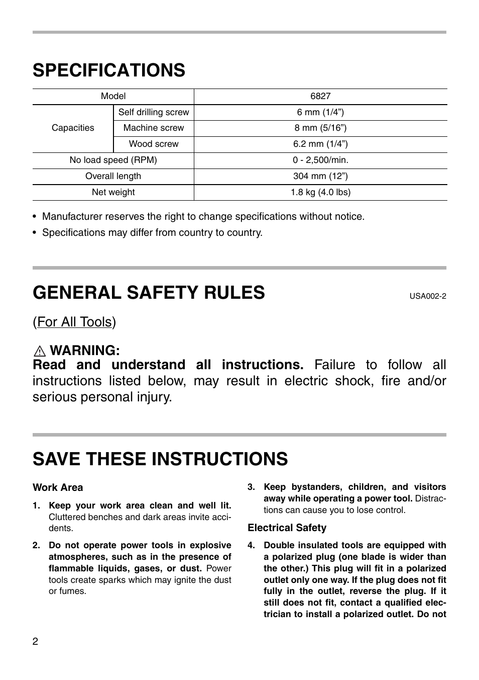 Specifications, General safety rules, Save these instructions | Makita 6827 User Manual | Page 2 / 16