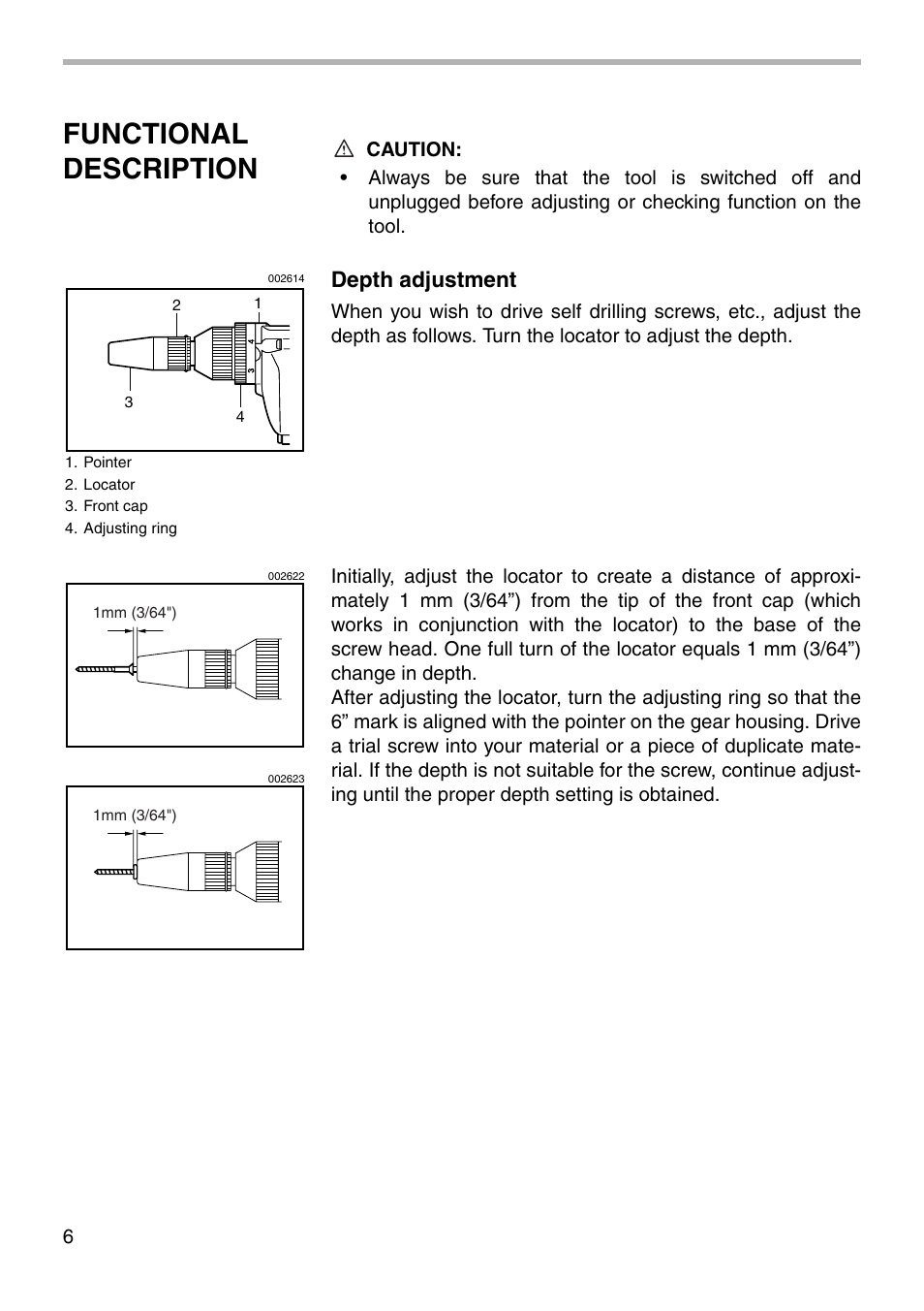 Functional description, Depth adjustment | Makita 6827 User Manual | Page 6 / 16