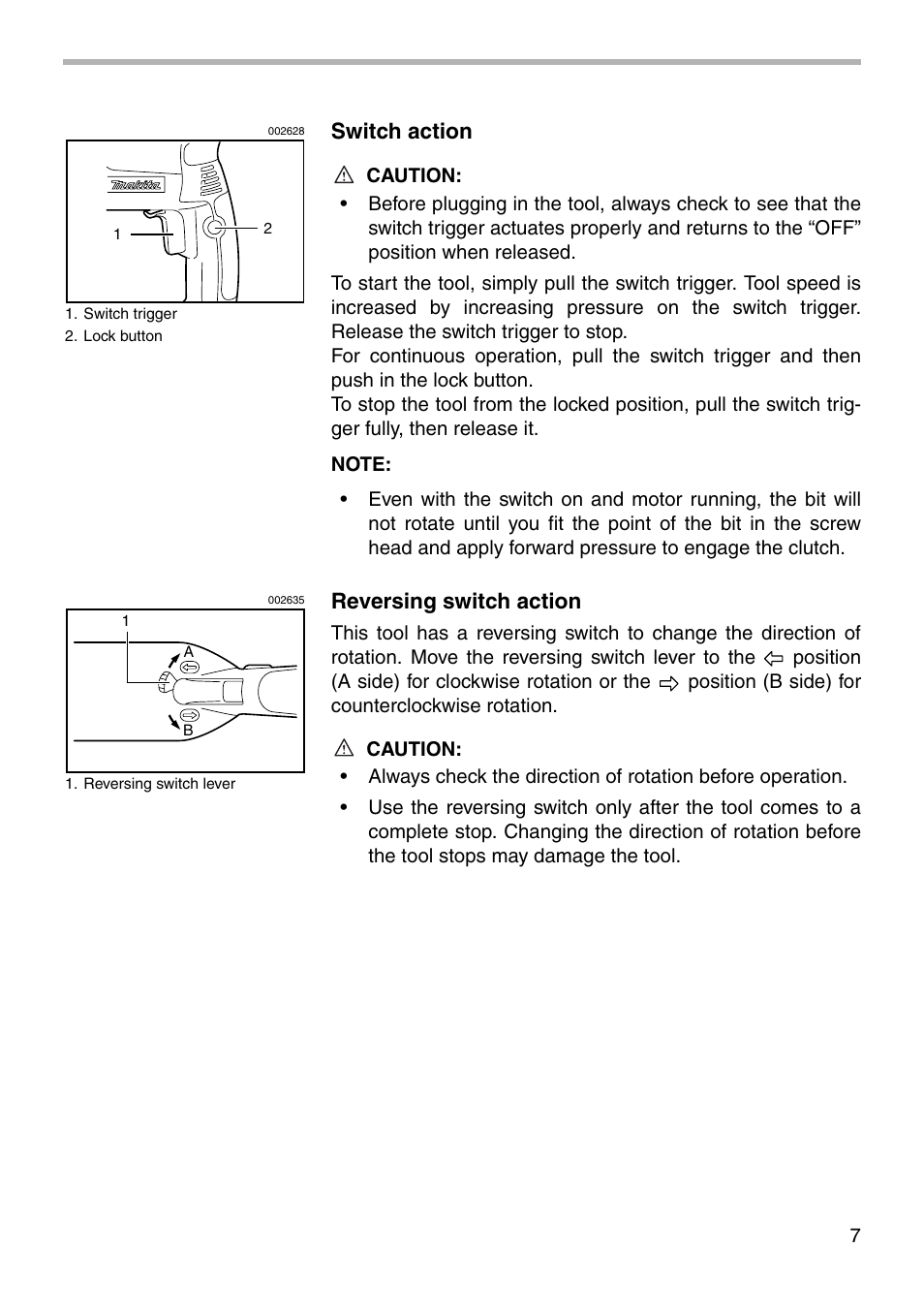 Switch action, Reversing switch action | Makita 6827 User Manual | Page 7 / 16