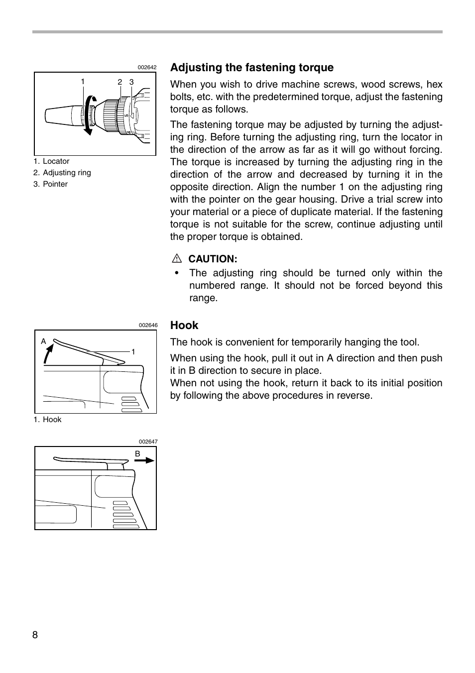 Adjusting the fastening torque, Hook | Makita 6827 User Manual | Page 8 / 16