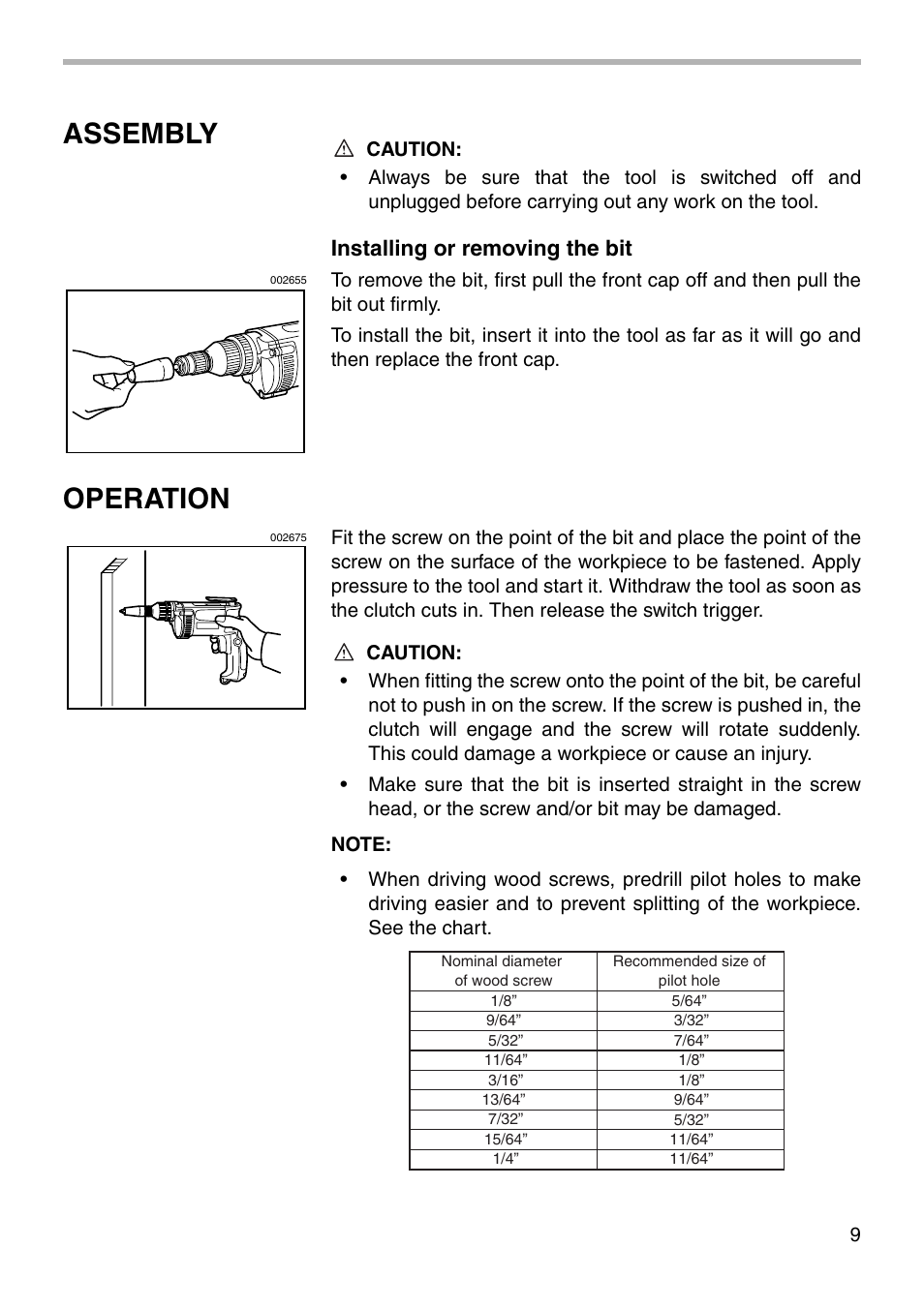 Assembly, Operation, Installing or removing the bit | Makita 6827 User Manual | Page 9 / 16