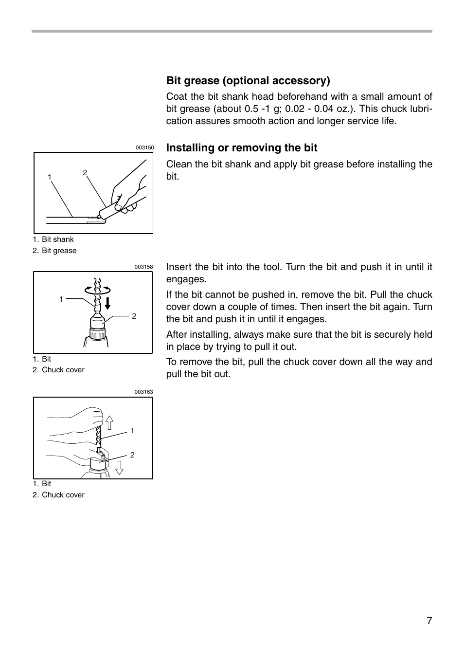 Bit grease (optional accessory), Installing or removing the bit | Makita HR2010 User Manual | Page 7 / 16