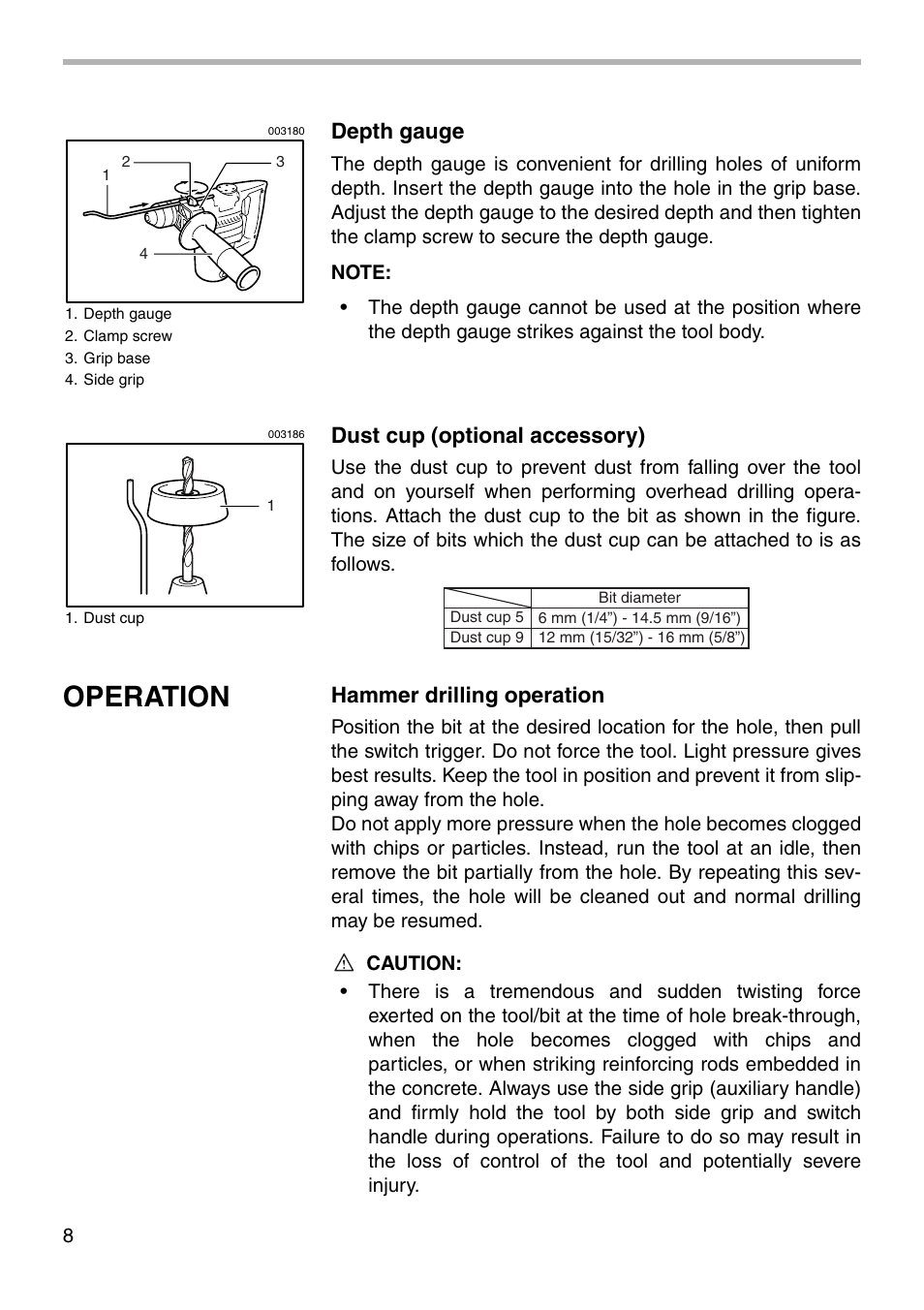 Operation, Depth gauge, Dust cup (optional accessory) | Hammer drilling operation | Makita HR2010 User Manual | Page 8 / 16
