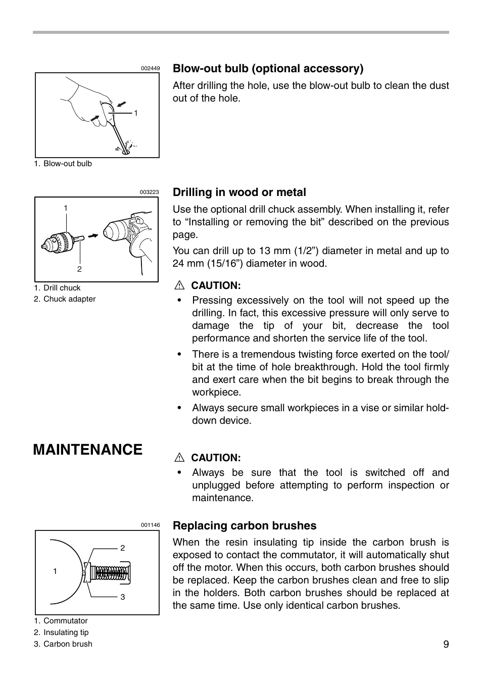 Maintenance, Blow-out bulb (optional accessory), Drilling in wood or metal | Replacing carbon brushes | Makita HR2010 User Manual | Page 9 / 16
