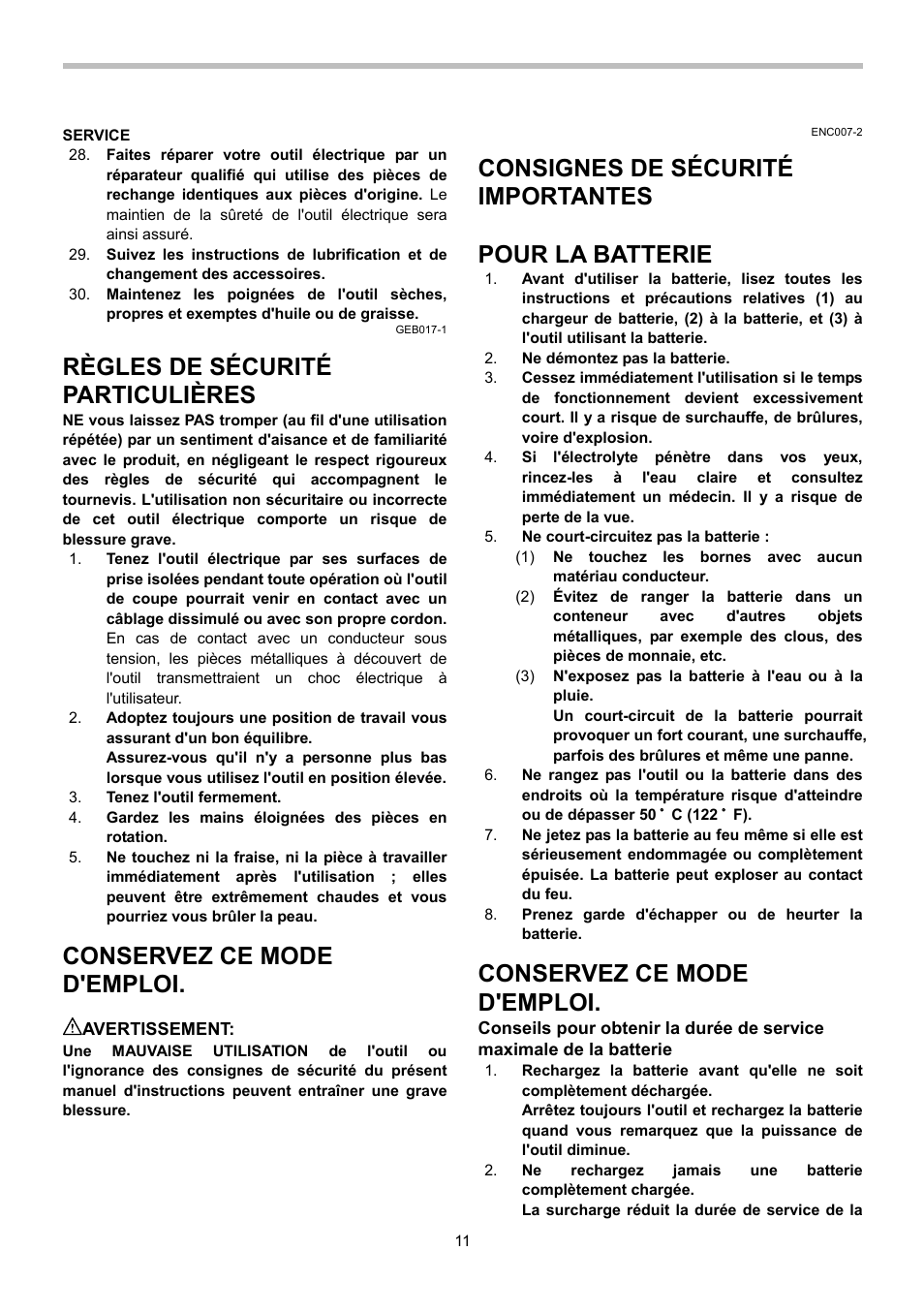Règles de sécurité particulières, Conservez ce mode d'emploi, Consignes de sécurité importantes | Pour la batterie | Makita BFS440 User Manual | Page 11 / 24