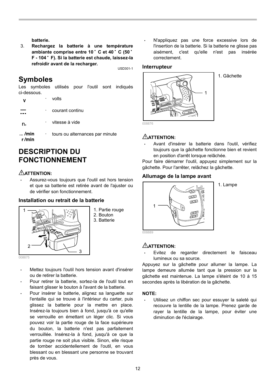 Symboles, Description du fonctionnement | Makita BFS440 User Manual | Page 12 / 24