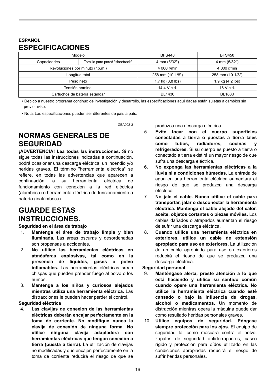 Especificaciones, Normas generales de seguridad, Guarde estas instrucciones | Makita BFS440 User Manual | Page 16 / 24