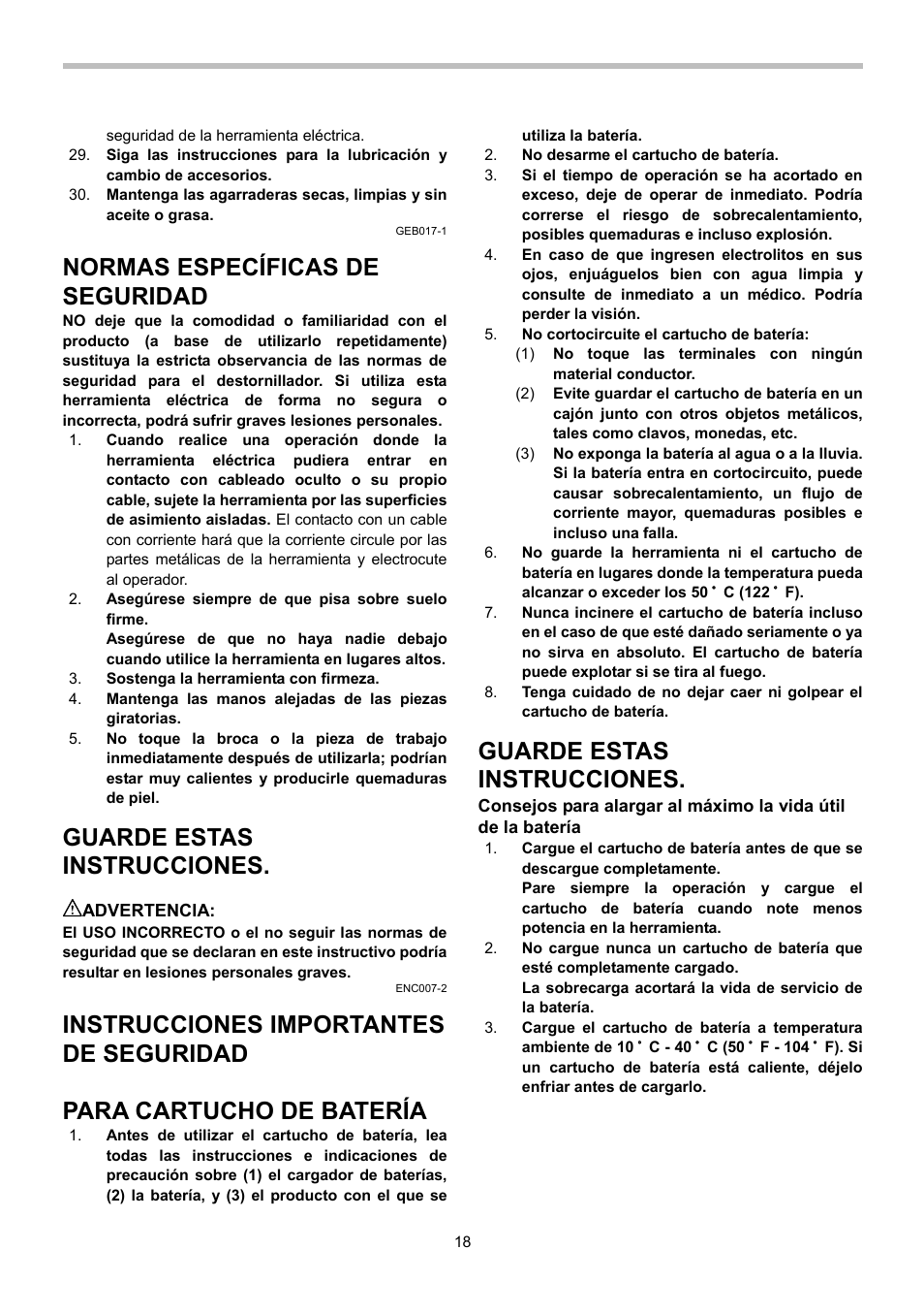 Normas específicas de seguridad, Guarde estas instrucciones, Instrucciones importantes de seguridad | Para cartucho de batería | Makita BFS440 User Manual | Page 18 / 24