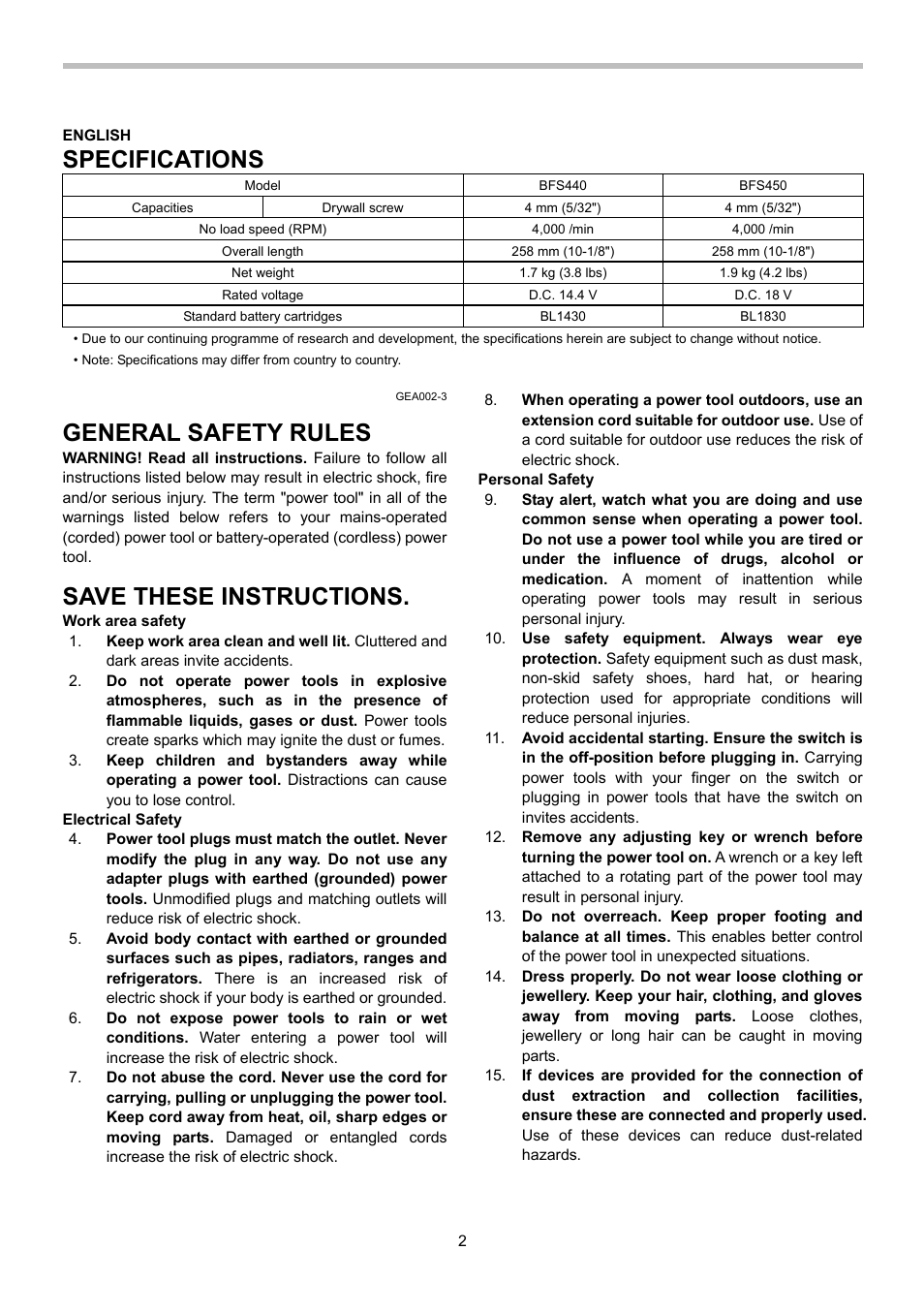 Specifications, General safety rules, Save these instructions | Makita BFS440 User Manual | Page 2 / 24