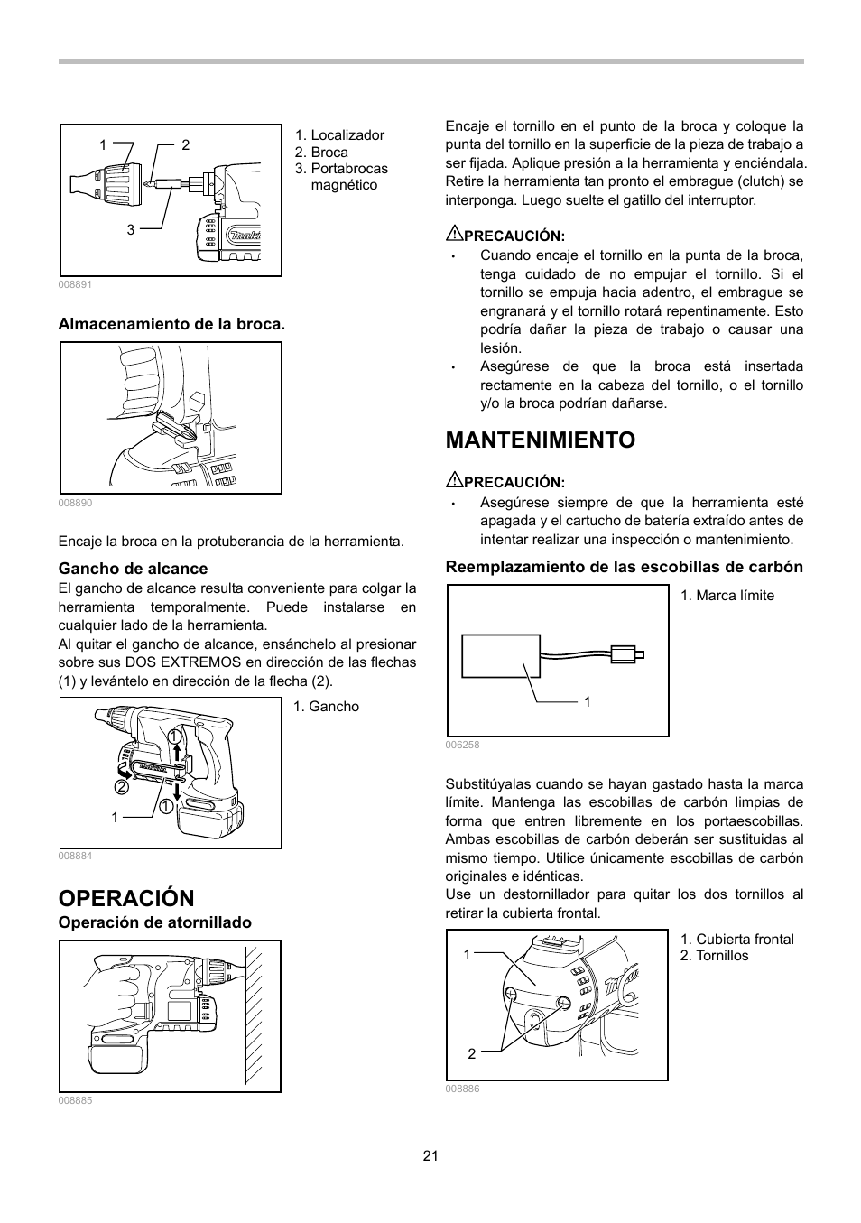 Operación, Mantenimiento | Makita BFS440 User Manual | Page 21 / 24