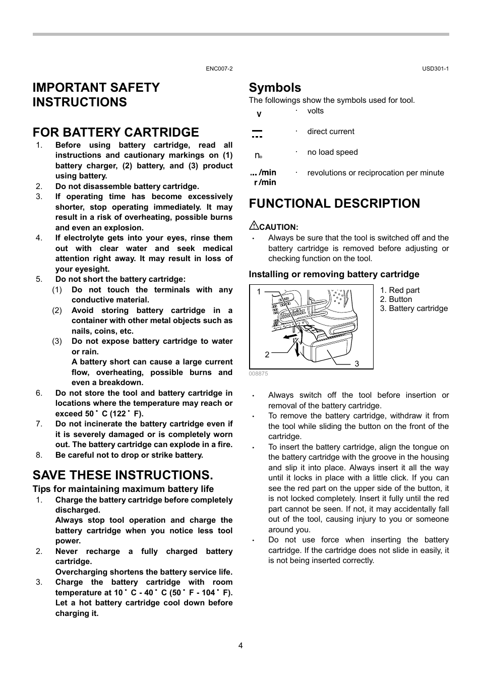 Important safety instructions, For battery cartridge, Save these instructions | Symbols, Functional description | Makita BFS440 User Manual | Page 4 / 24