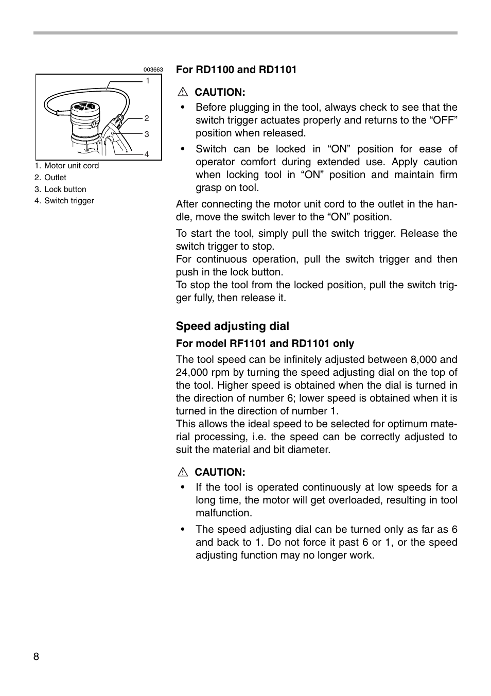 Speed adjusting dial | Makita RD1100 User Manual | Page 8 / 20