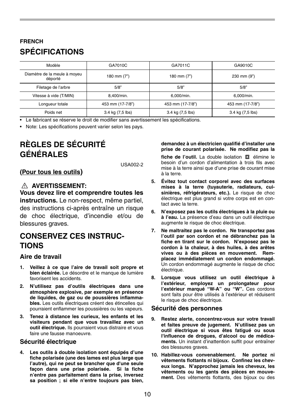 Spécifications, Règles de sécurité générales, Conservez ces instruc- tions | Pour tous les outils, Aire de travail, Sécurité électrique, Sécurité des personnes | Makita GA9010C User Manual | Page 10 / 28