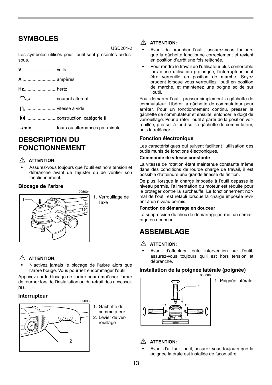 Symboles, Description du fonctionnement, Assemblage | Makita GA9010C User Manual | Page 13 / 28