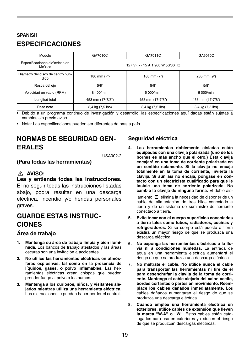 Especificaciones, Normas de seguridad gen- erales, Guarde estas instruc- ciones | Área de trabajo, Seguridad eléctrica | Makita GA9010C User Manual | Page 19 / 28