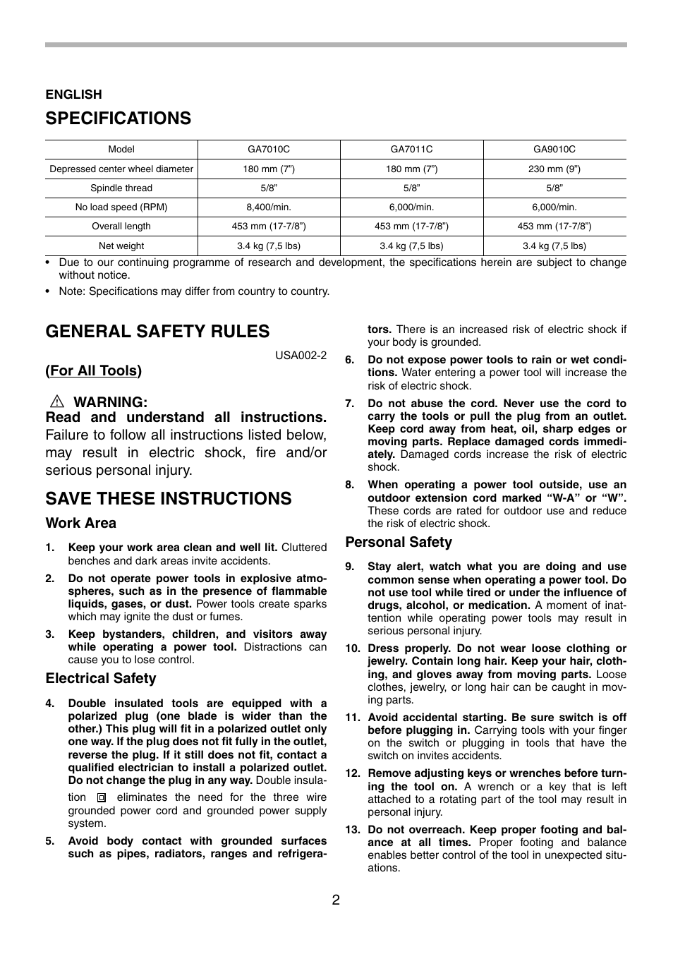 Specifications, General safety rules, Save these instructions | Work area, Electrical safety, Personal safety | Makita GA9010C User Manual | Page 2 / 28