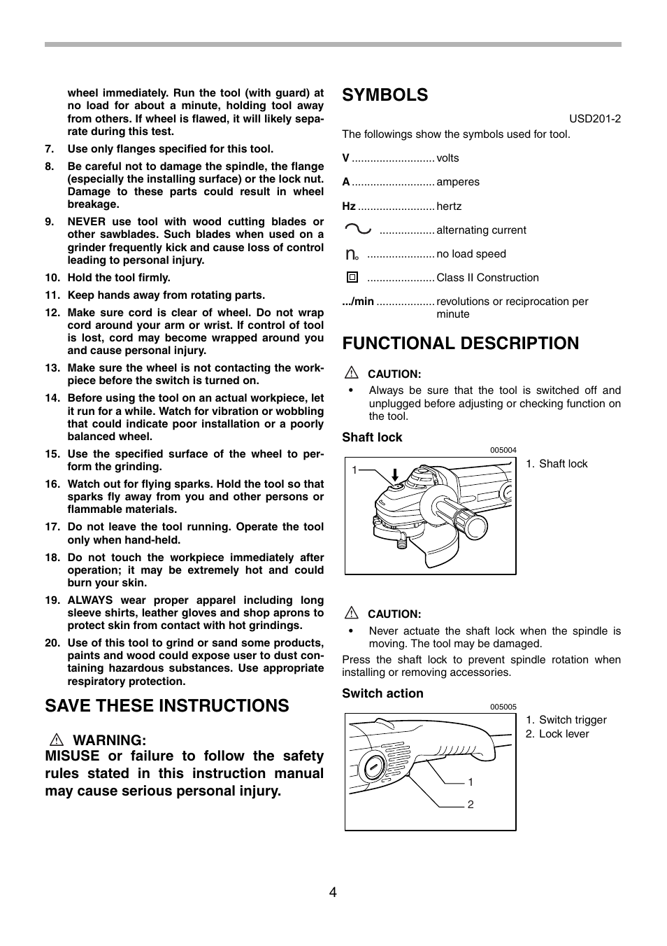 Save these instructions, Symbols, Functional description | Makita GA9010C User Manual | Page 4 / 28