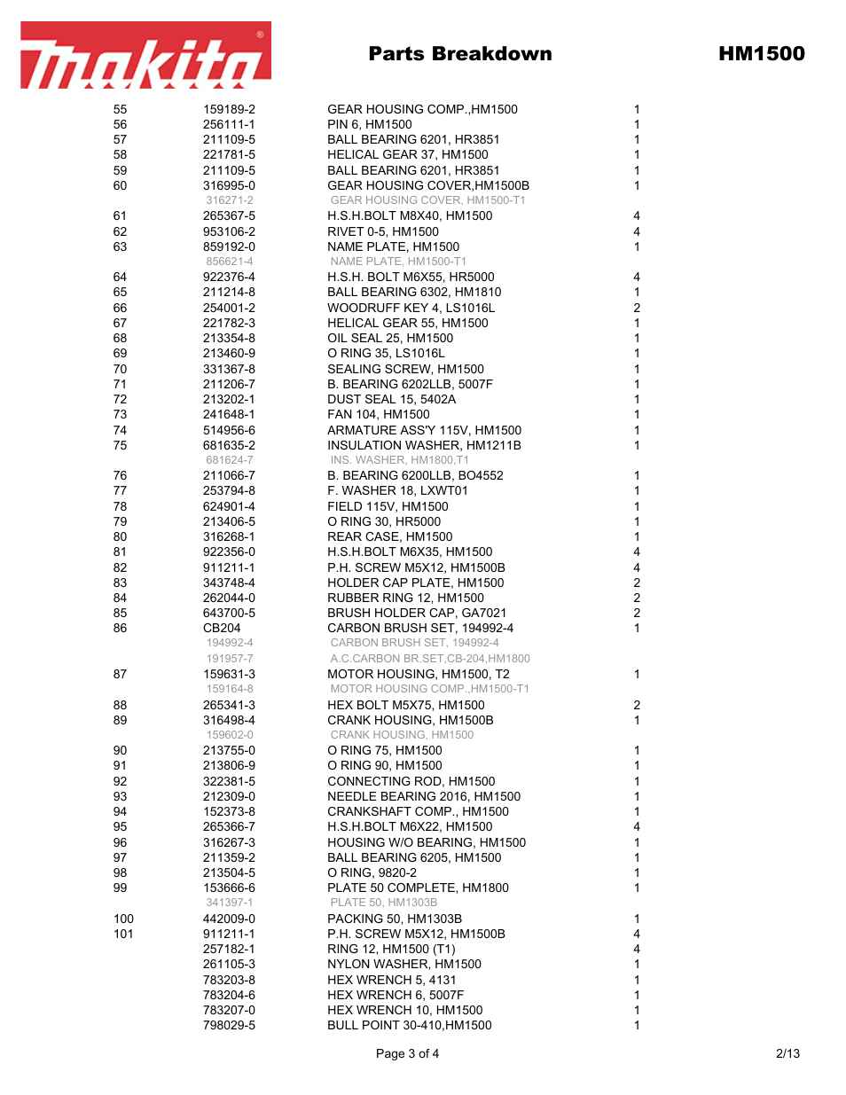 Parts breakdown hm1500 | Makita HM150 User Manual | Page 3 / 4