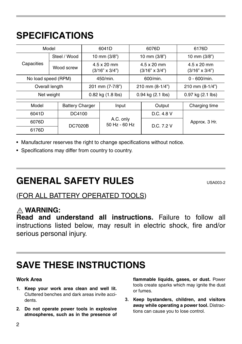 Specifications, General safety rules, Save these instructions | Makita 6176D User Manual | Page 2 / 16