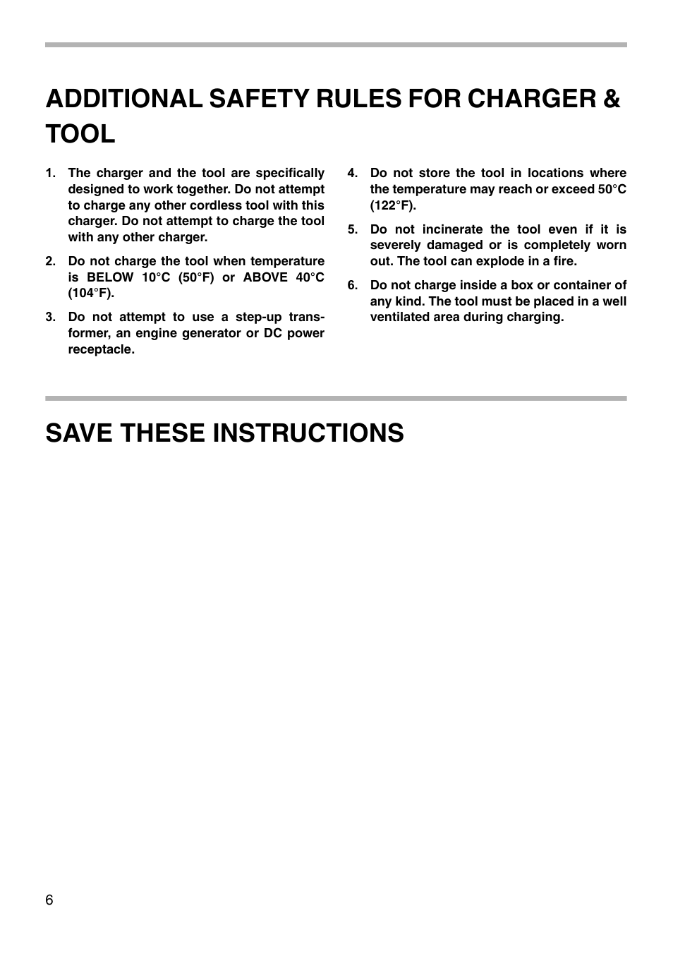 Additional safety rules for charger & tool, Save these instructions | Makita 6176D User Manual | Page 6 / 16