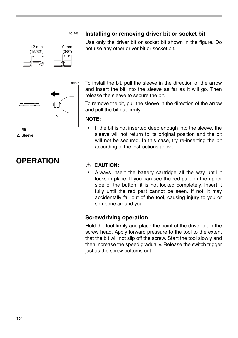 Operation, Installing or removing driver bit or socket bit, Screwdriving operation | Makita BTD150 User Manual | Page 12 / 20