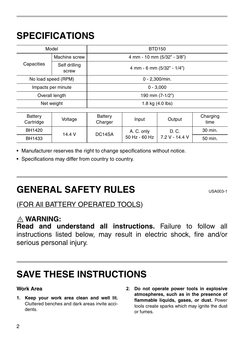 Specifications, General safety rules, Save these instructions | Makita BTD150 User Manual | Page 2 / 20