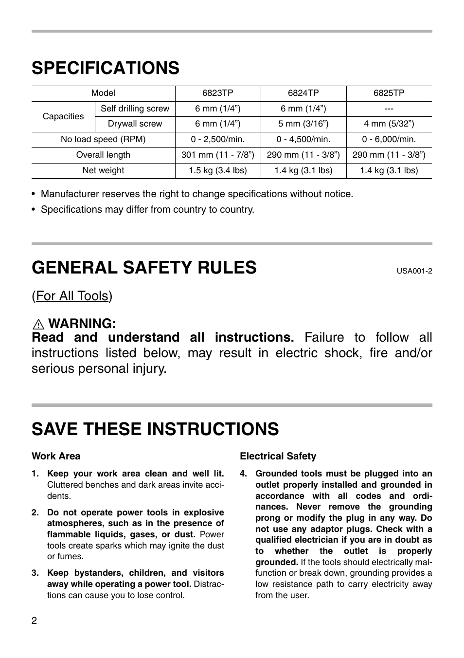 Specifications, General safety rules, Save these instructions | Makita 6823TP User Manual | Page 2 / 16