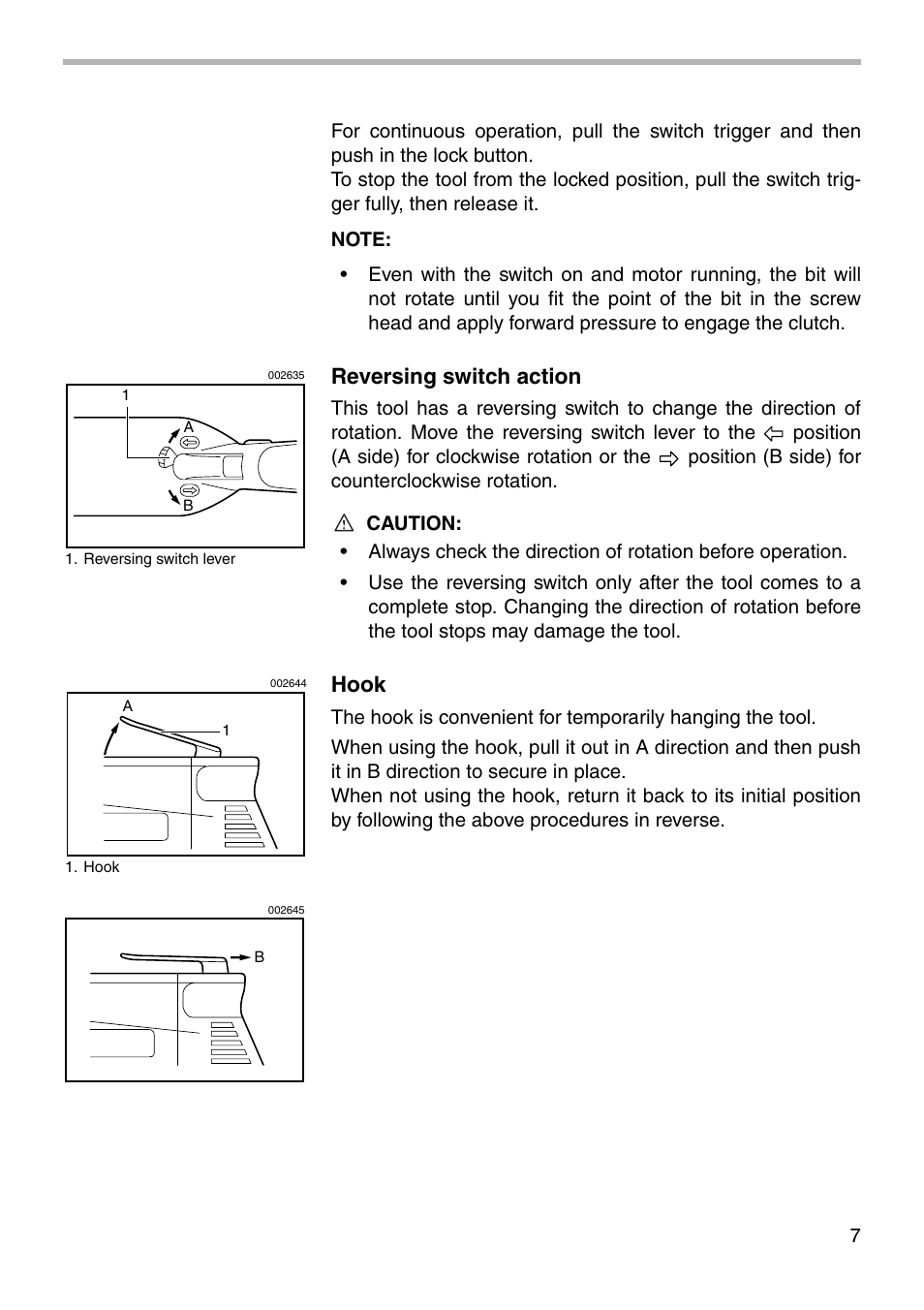 Reversing switch action, Hook | Makita 6823TP User Manual | Page 7 / 16