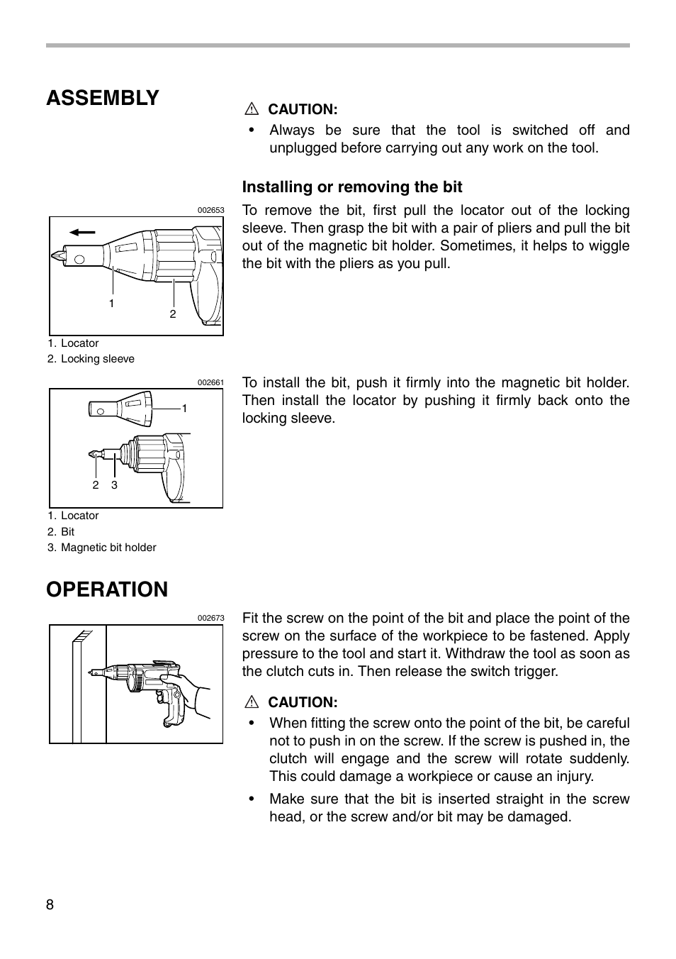 Assembly, Operation, Installing or removing the bit | Makita 6823TP User Manual | Page 8 / 16