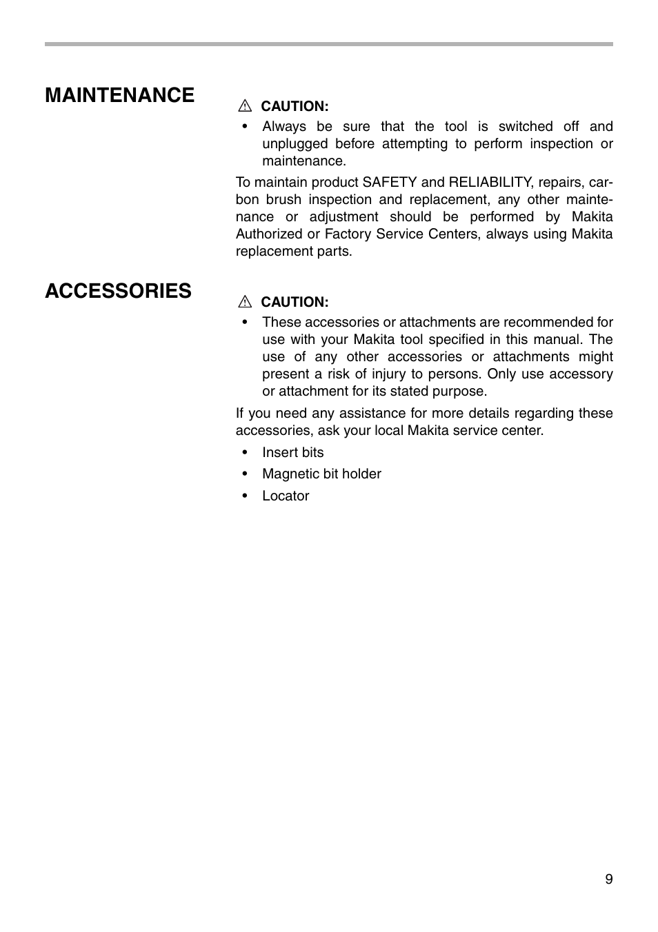 Maintenance, Accessories | Makita 6823TP User Manual | Page 9 / 16