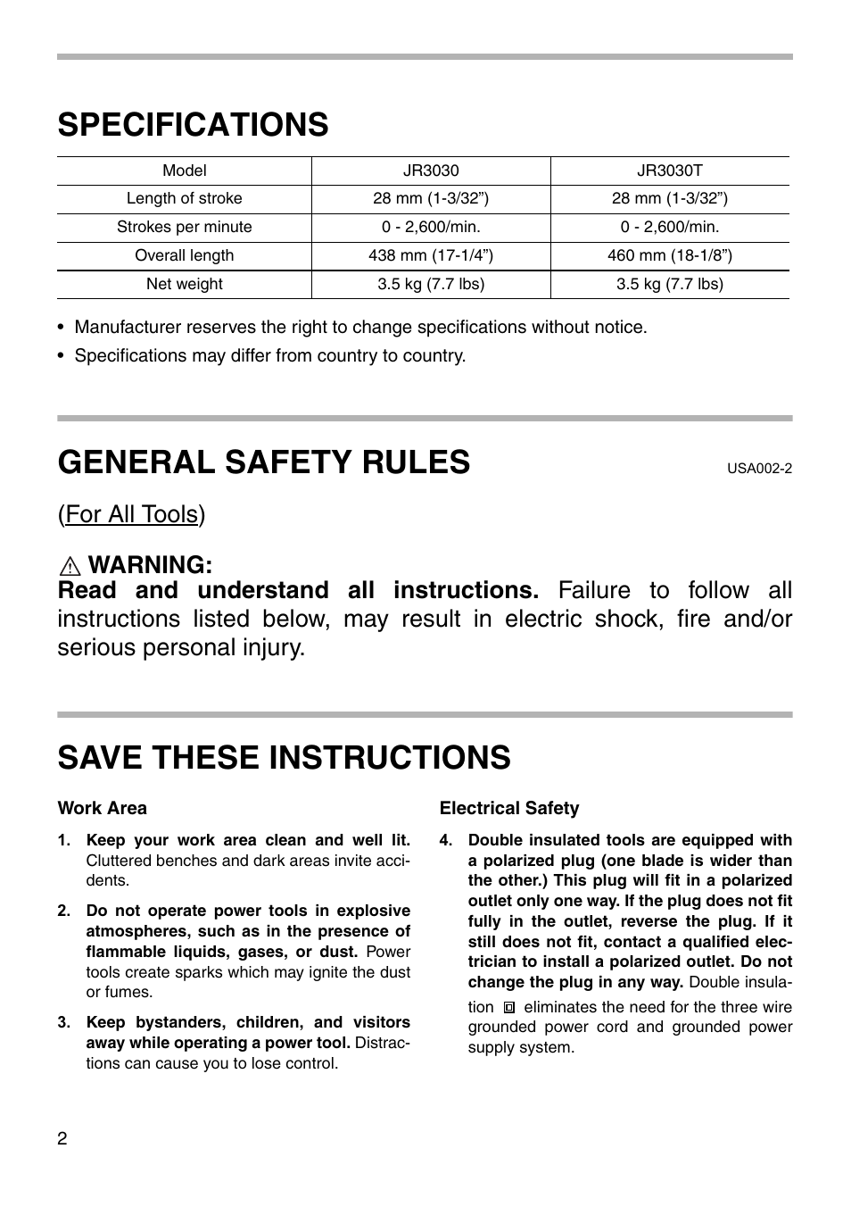 Specifications, General safety rules, Save these instructions | Makita JR3030T User Manual | Page 2 / 16