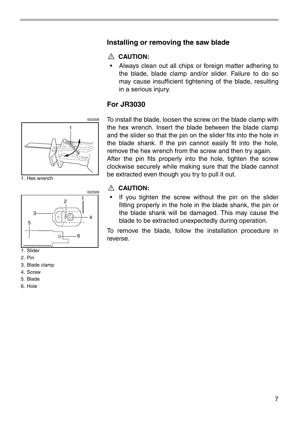 Installing or removing the saw blade, For jr3030 | Makita JR3030T User Manual | Page 7 / 16