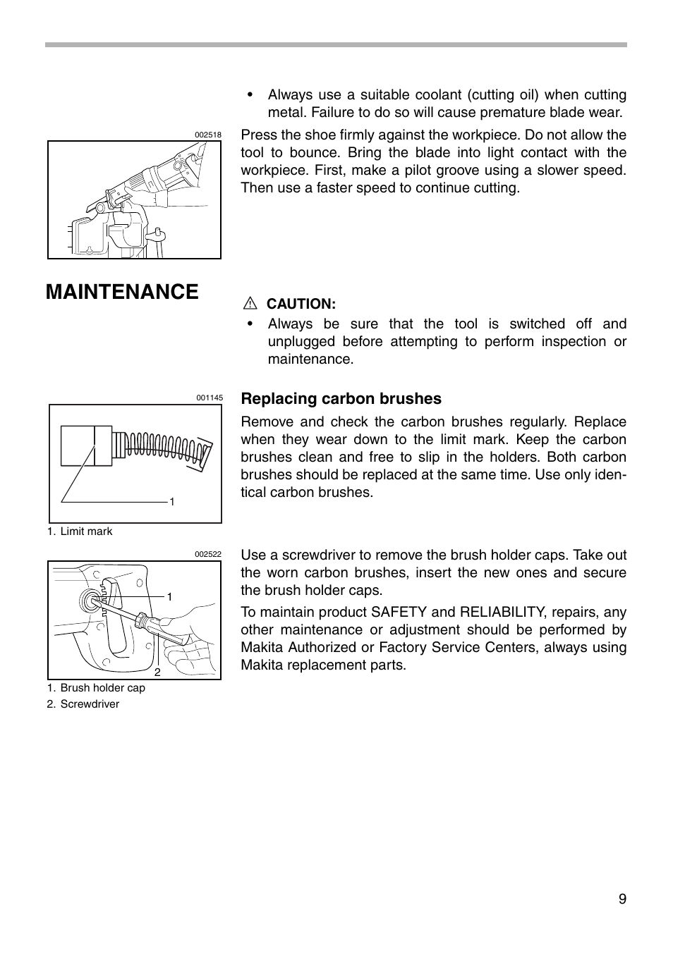 Maintenance, Replacing carbon brushes | Makita JR3030T User Manual | Page 9 / 16