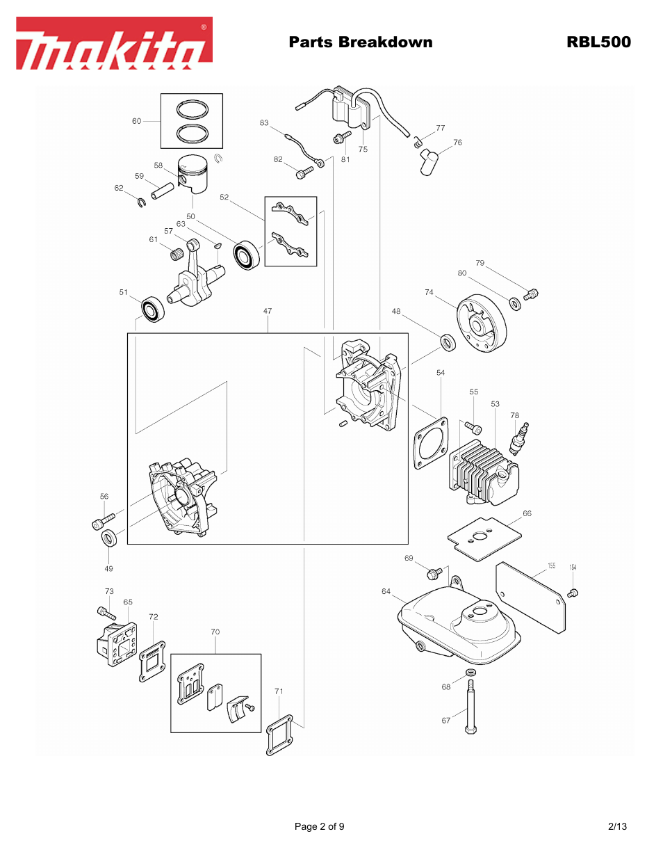 Parts breakdown rbl500 | Makita RBL500 User Manual | Page 2 / 9
