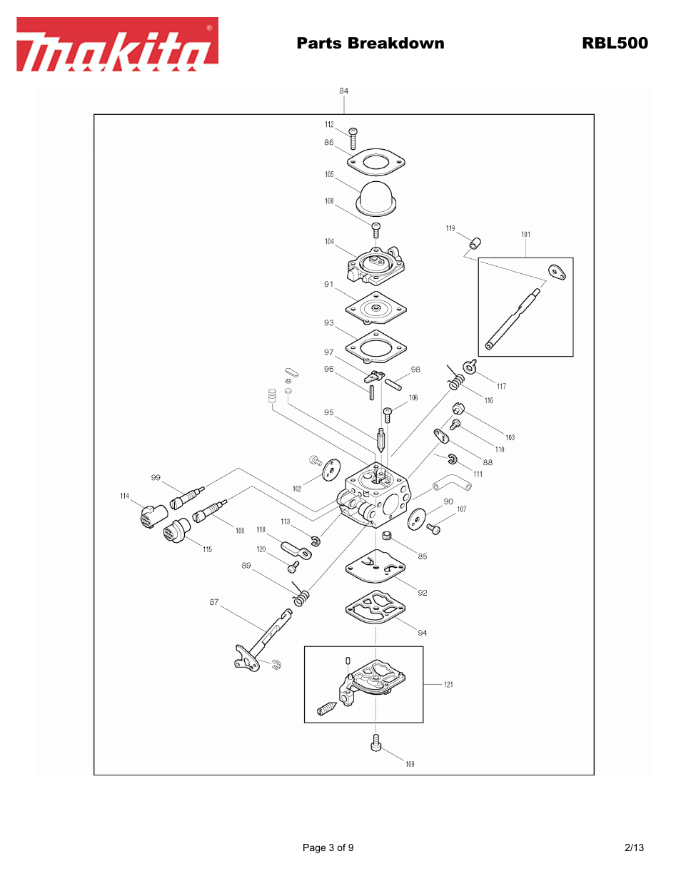 Parts breakdown rbl500 | Makita RBL500 User Manual | Page 3 / 9