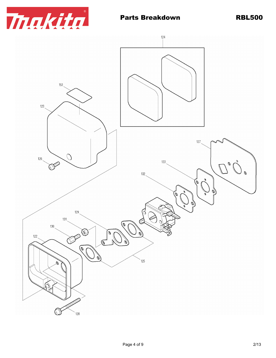 Parts breakdown rbl500 | Makita RBL500 User Manual | Page 4 / 9