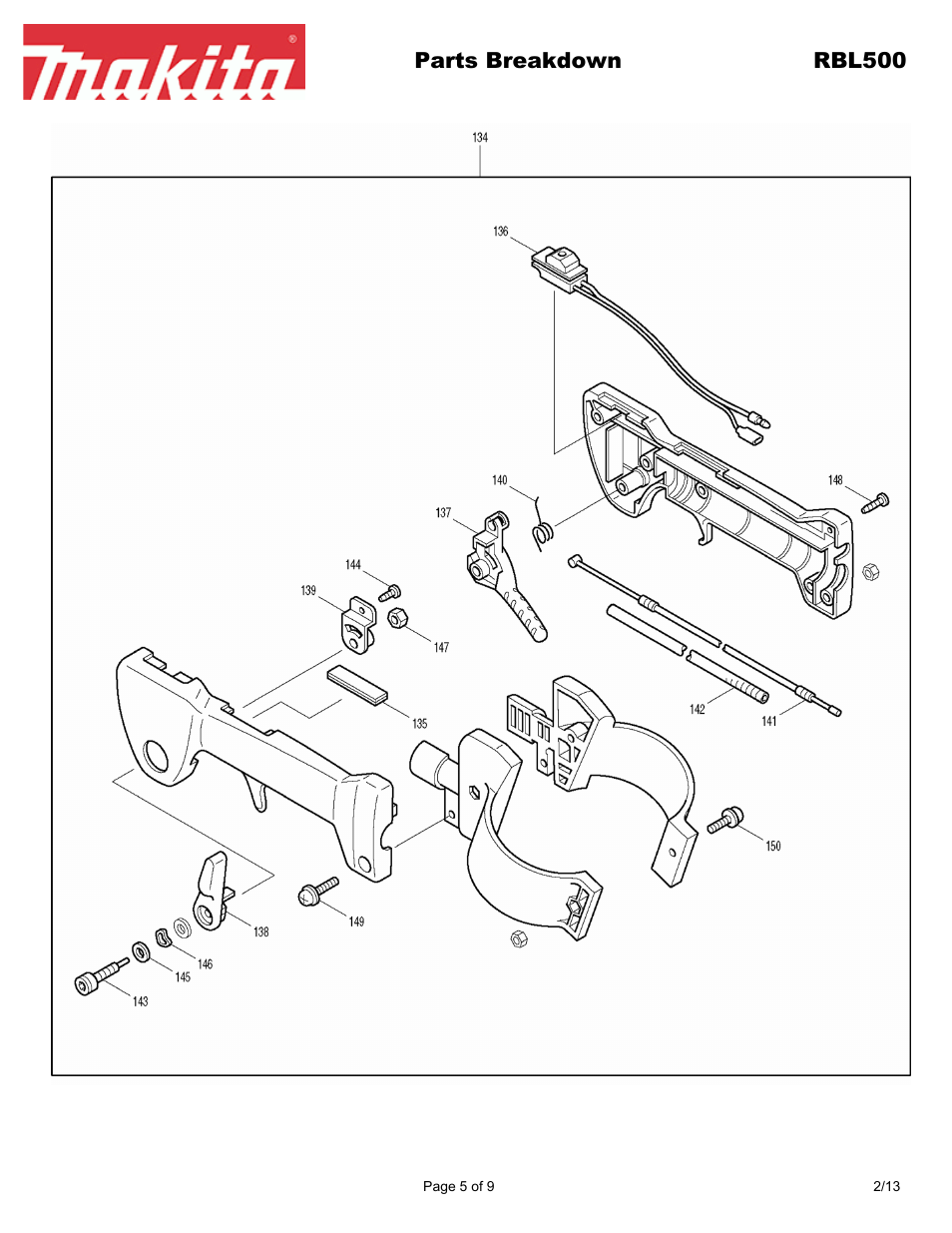 Parts breakdown rbl500 | Makita RBL500 User Manual | Page 5 / 9