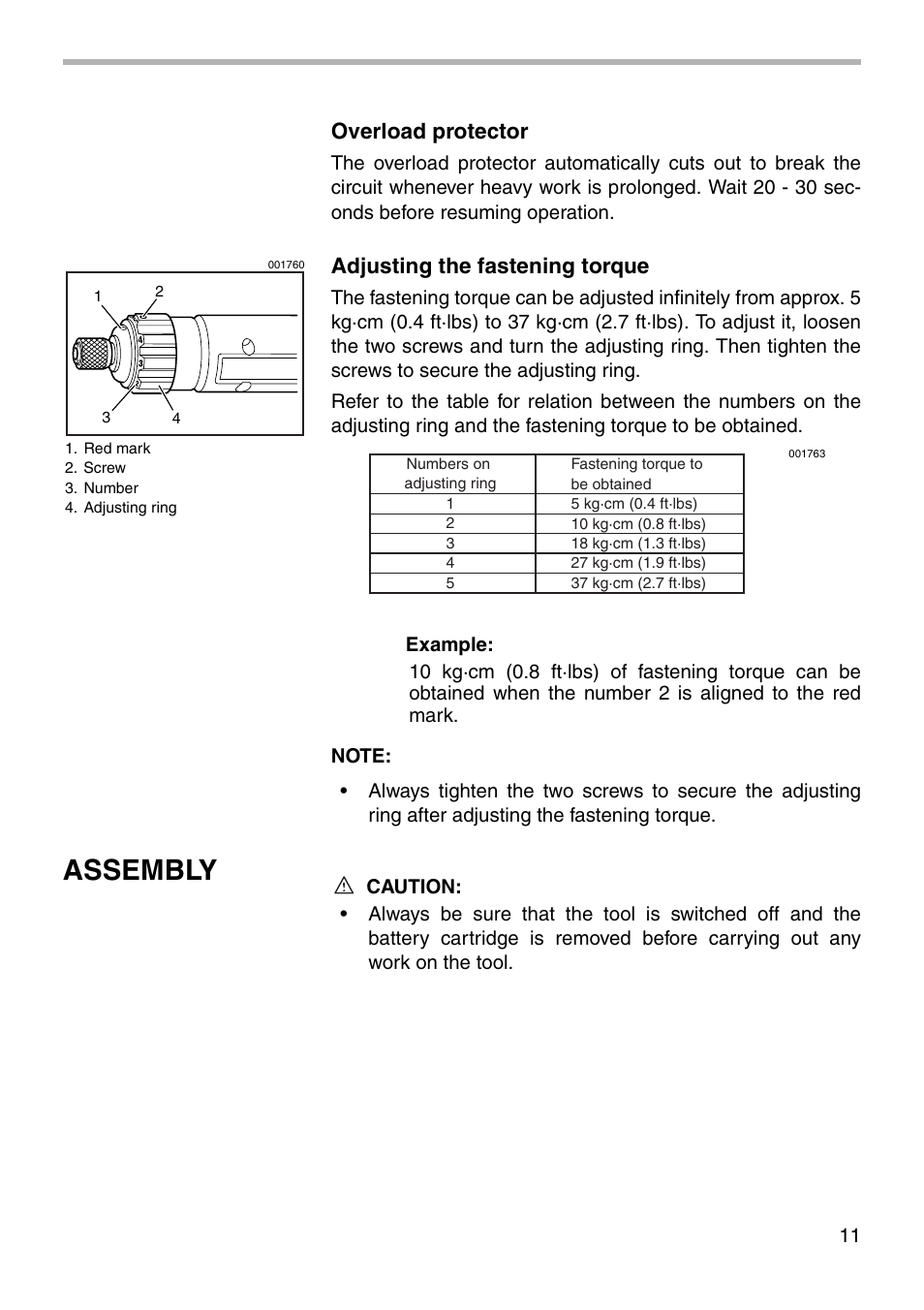 Assembly, Overload protector, Adjusting the fastening torque | Makita 6705D User Manual | Page 11 / 20