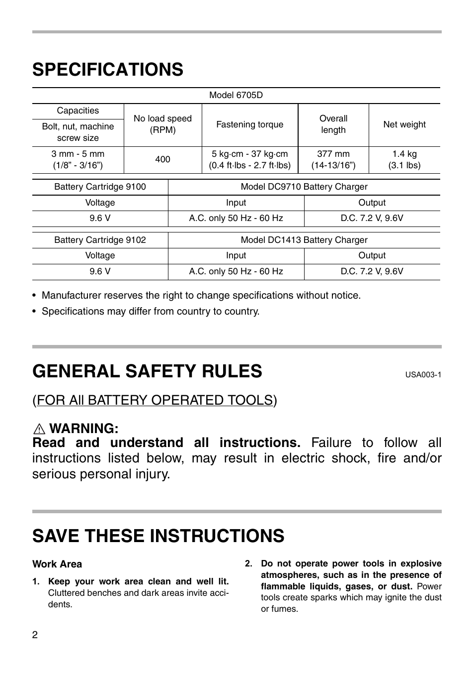 Specifications, General safety rules, Save these instructions | Makita 6705D User Manual | Page 2 / 20