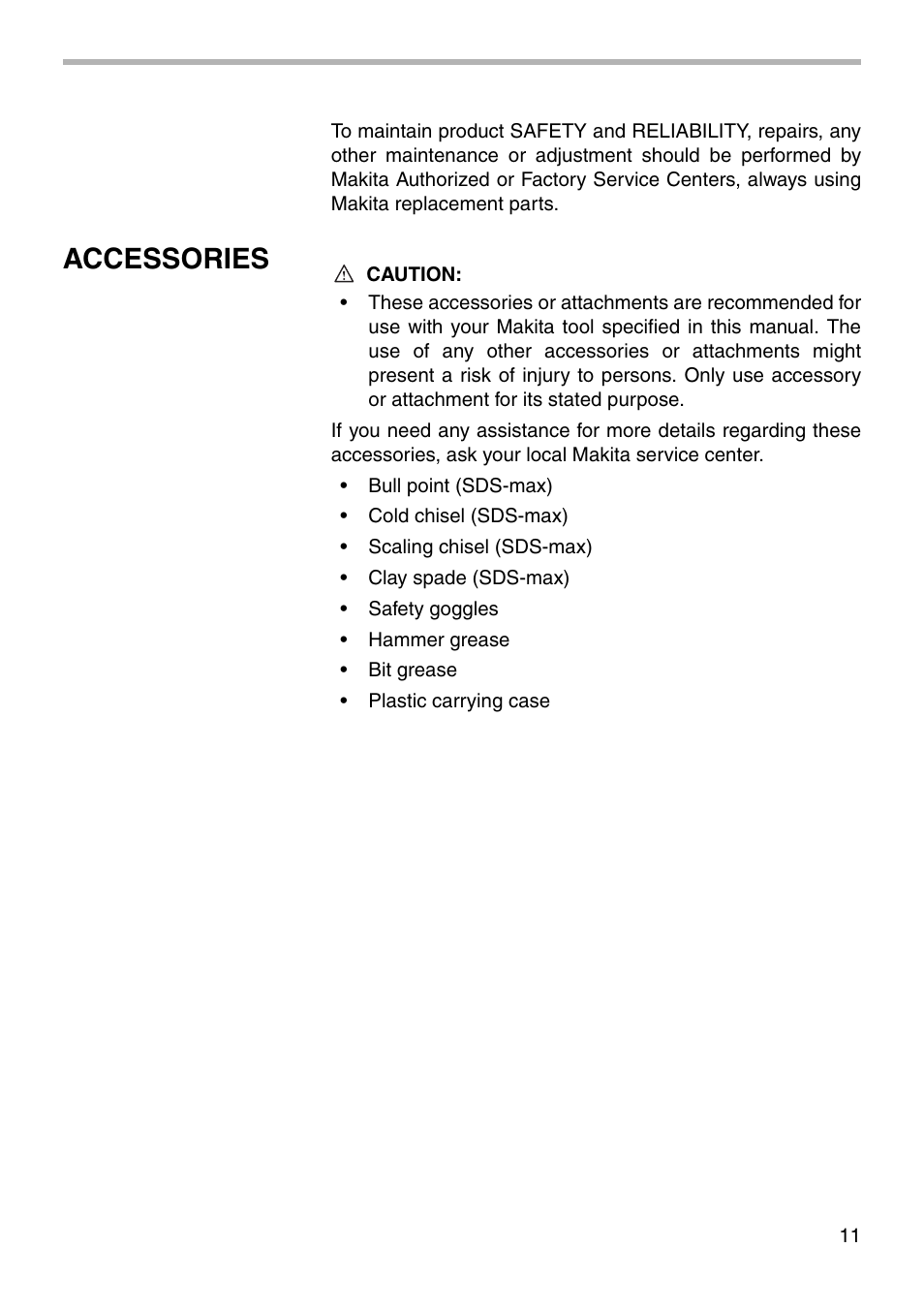 Accessories | Makita HM1202 User Manual | Page 11 / 16