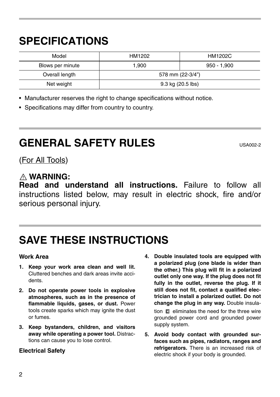 Specifications, General safety rules, Save these instructions | Makita HM1202 User Manual | Page 2 / 16