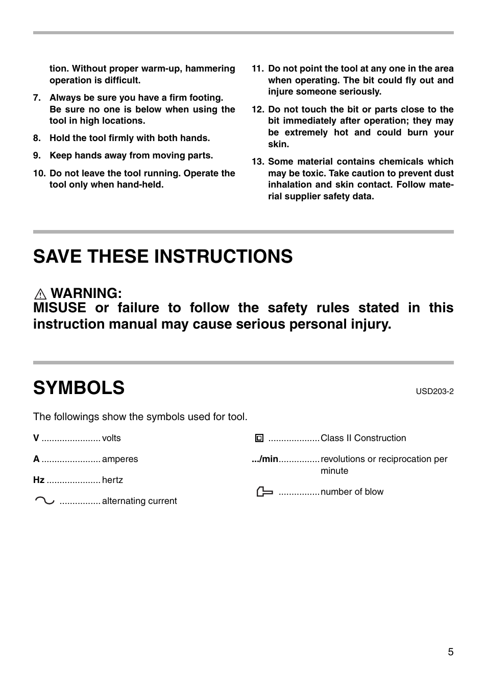 Save these instructions, Symbols | Makita HM1202 User Manual | Page 5 / 16
