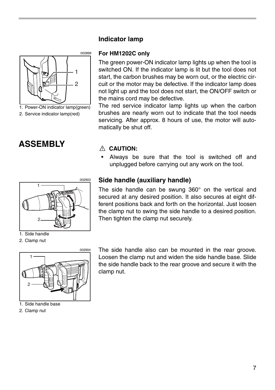 Assembly, Indicator lamp, Side handle (auxiliary handle) | Makita HM1202 User Manual | Page 7 / 16